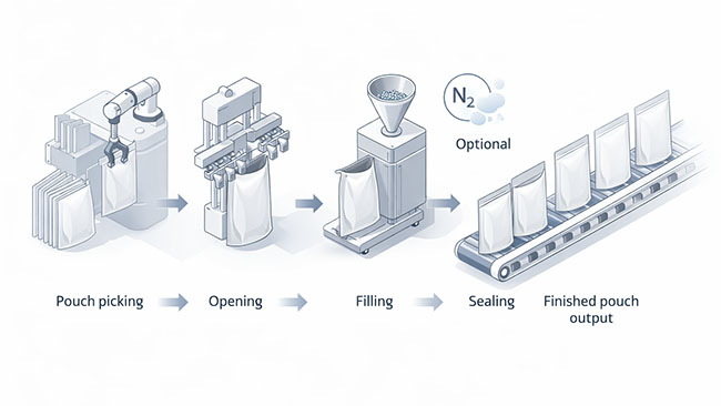premade pouch packing machine workflow diagram