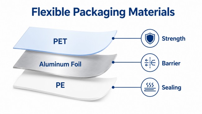 Flexible packaging material layers showing PET, aluminum foil, and PE for strength, barrier protection, and sealing