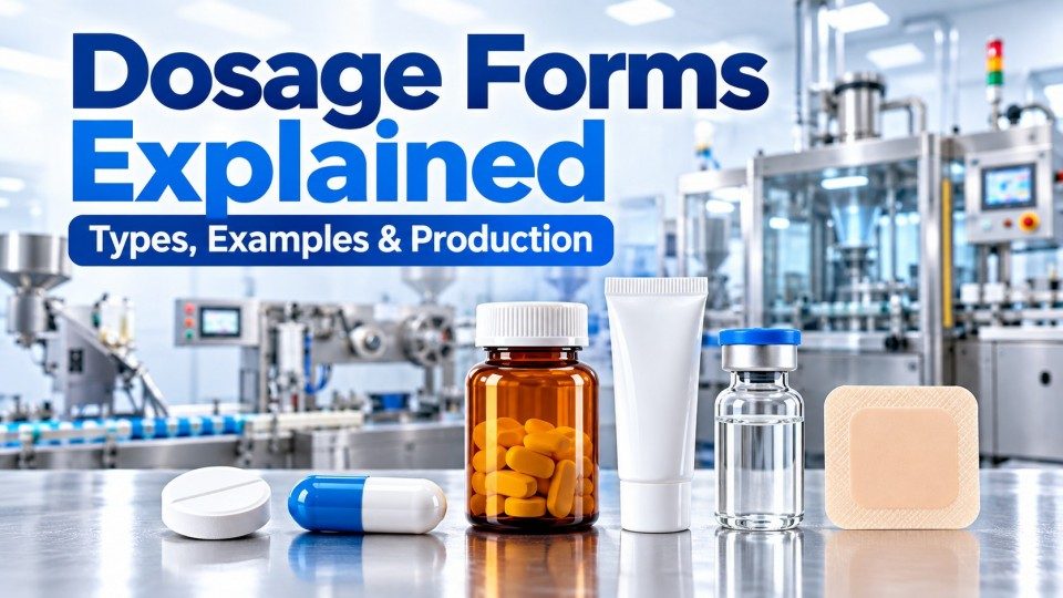 Dosage forms explained with examples of tablet, capsule, bottle, tube, vial and transdermal patch in pharmaceutical production