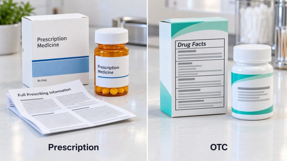 FDA prescription drug labeling compared with OTC Drug Facts panels and prescribing information