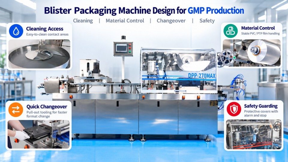 Blister packaging machine design for GMP production with cleaning, material control, changeover and safety features