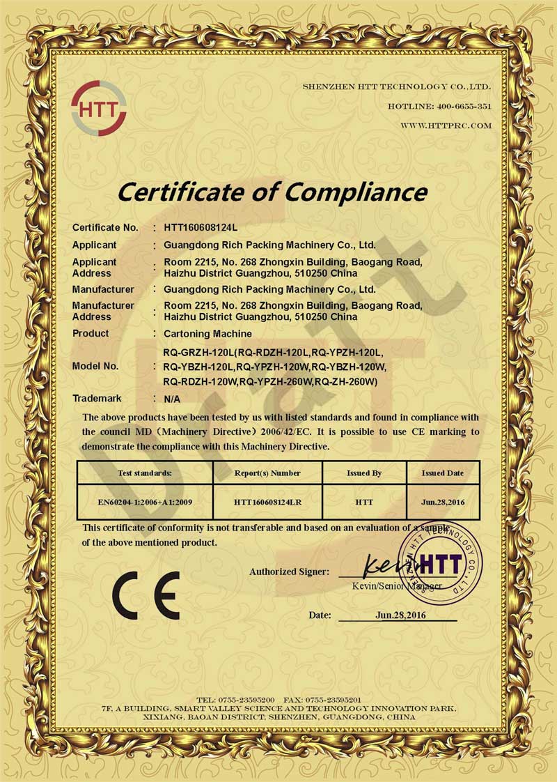 Riche Emballage Carton Certification de la machine CE
