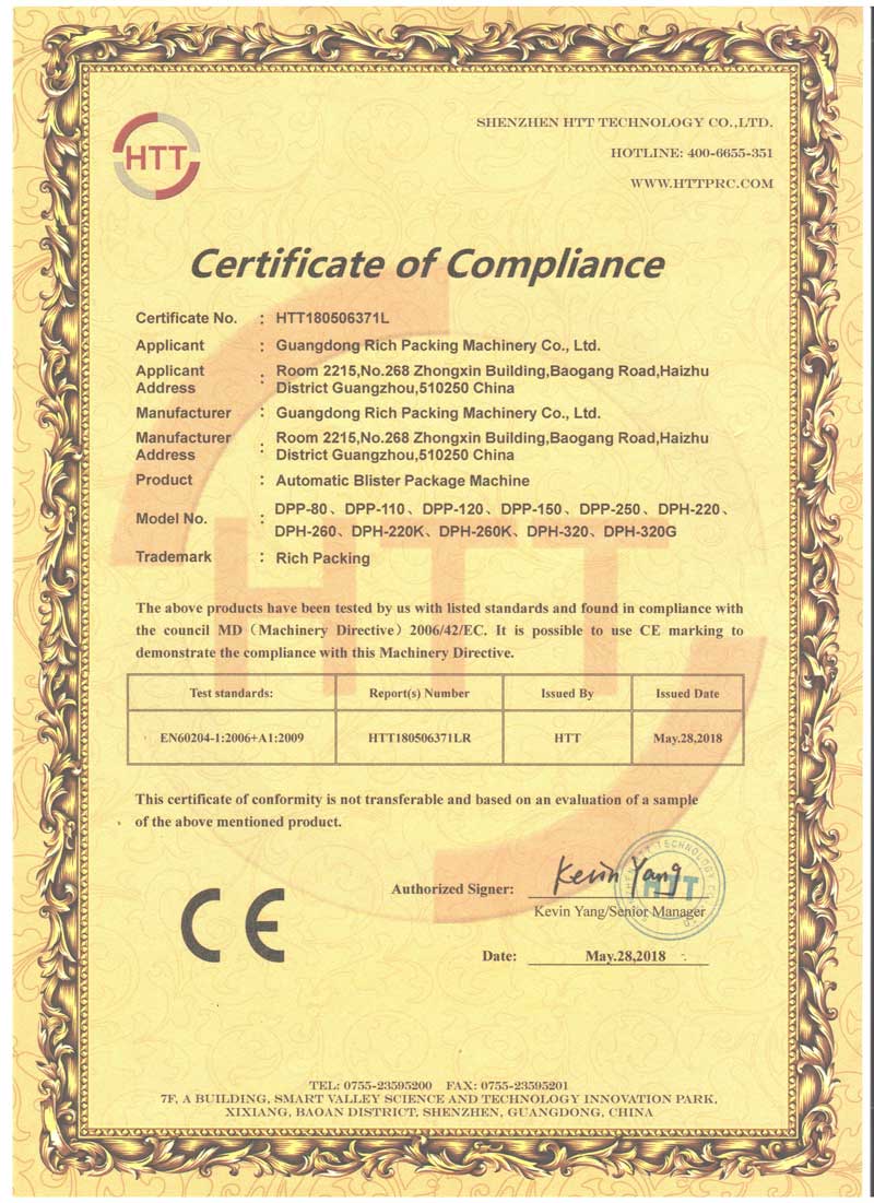 Riche Emballage Certification CE de machine d'emballage Blister